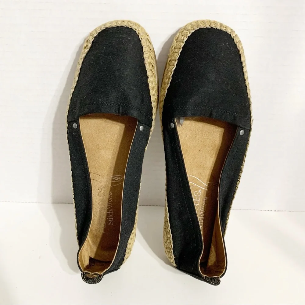 AEROSOLES StitchNTurn Slip-On Canvas Espadrilles Jute Outsole Black / Tan Summer